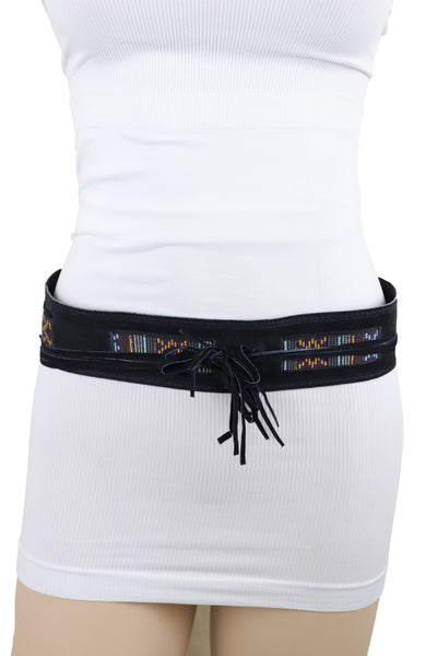 Brand New Women Black Fabric Wrap Around Ethnic Bohemian Fashion Tie Belt Hip Waist S M L