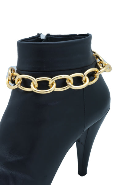 Women Gold Metal Chunky Chain Thick Links Boot Bracelet Shoe Band Anklet Strap Adjustable Size