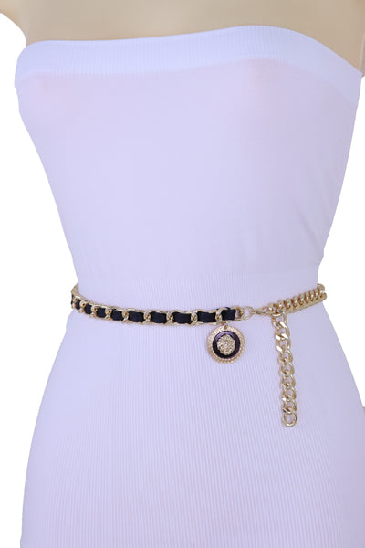 Women Fashion Gold Metal Chain Links Black Sexy Belt Lion Medallion Charm Fit Sizes XS S M