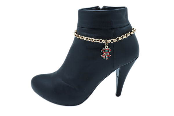 New Women Gold Metal Boot Chain Bracelet Christmas Shoe Candy Cane Charm Jewelry Adjustable Size Band