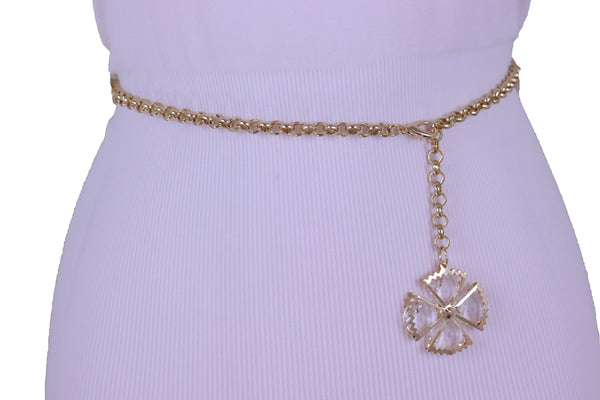 Women Fashion Belt Gold Metal Chain Links Waistband Flower Bling Charm Fits Sizes M L XL