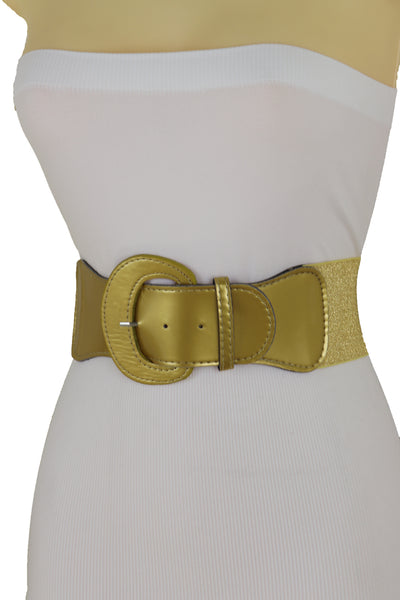 Brand New Women Gold Color Wide Elastic Band Fashion Belt Hip Waist Bling Studs Buckle M L