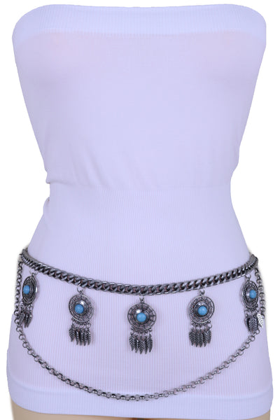 Women Ethnic Belt Silver Metal Chain Feather Turquoise Blue Beads Charms Fits Plus Size XL XXL