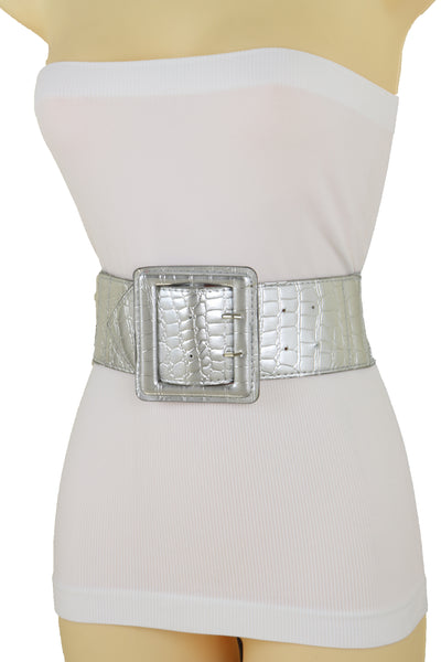 Brand New Women Hip Waist Silver Faux Leather Wide Elastic Belt Big Square Buckle M L XL