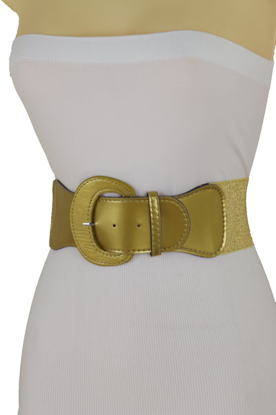 Women Gold Color Wide Elastic Band Fashion Belt Hip Waist Bling Silver Metal Studs Buckle Size M L