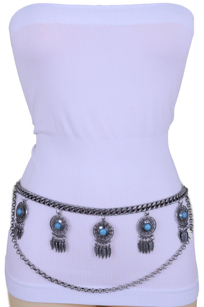Women Antique Silver Metal Chain Western Belt Feather Turquoise Charms Fits Sizes XS S M