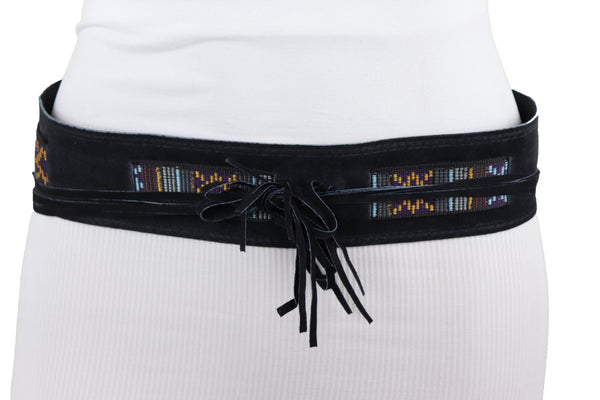 Brand New Women Black Fabric Wrap Around Ethnic Bohemian Fashion Tie Belt Hip Waist S M L