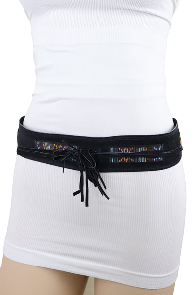 Brand New Women Black Fabric Wrap Around Ethnic Bohemian Fashion Tie Belt Hip Waist S M L