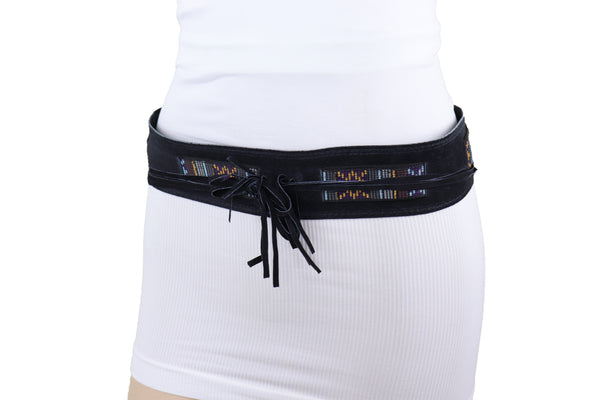 Brand New Women Black Fabric Wrap Around Ethnic Bohemian Fashion Tie Belt Hip Waist S M L
