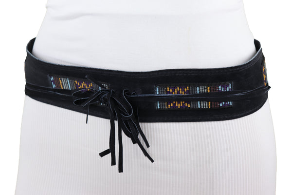 Brand New Women Black Fabric Wrap Around Ethnic Bohemian Fashion Tie Belt Hip Waist S M L