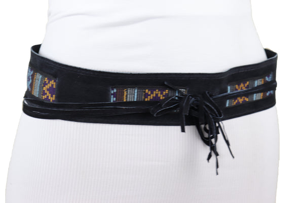 Brand New Women Black Fabric Wrap Around Ethnic Bohemian Fashion Tie Belt Hip Waist S M L