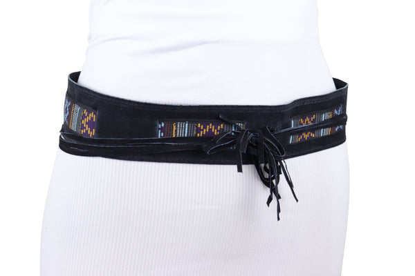 Brand New Women Black Fabric Wrap Around Ethnic Bohemian Fashion Tie Belt Hip Waist S M L
