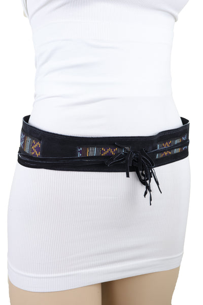 Brand New Women Black Fabric Wrap Around Ethnic Bohemian Fashion Tie Belt Hip Waist S M L