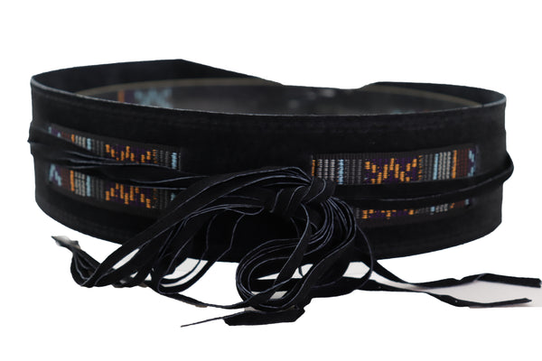 Brand New Women Black Fabric Wrap Around Ethnic Bohemian Fashion Tie Belt Hip Waist S M L