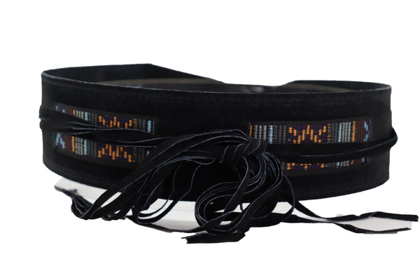 Brand New Women Black Fabric Wrap Around Ethnic Bohemian Fashion Tie Belt Hip Waist S M L