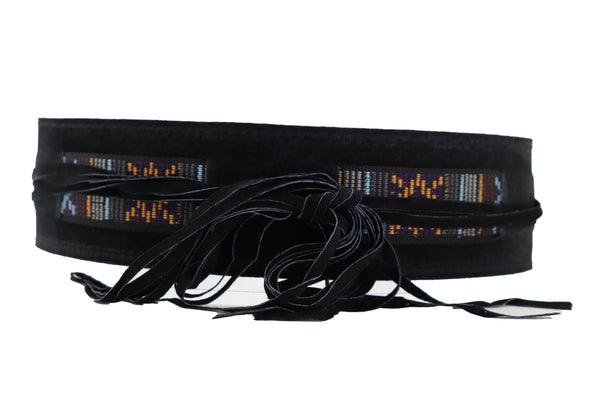 Brand New Women Black Fabric Wrap Around Ethnic Bohemian Fashion Tie Belt Hip Waist S M L