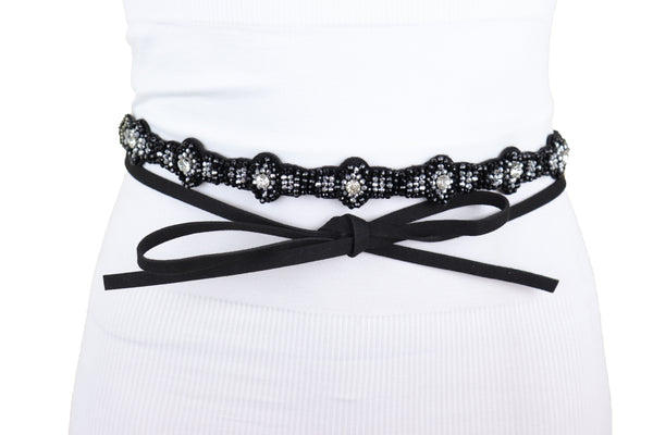 Brand New Women Black Fabric Band Wrap Round Tie Fashion Belt Hip High Waist Beads XS S M