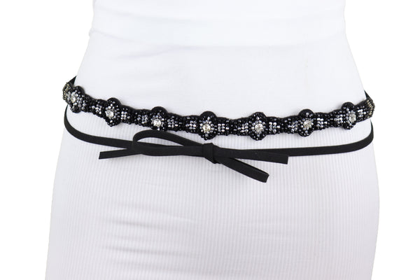 Brand New Women Black Fabric Band Wrap Round Tie Fashion Belt Hip High Waist Beads XS S M