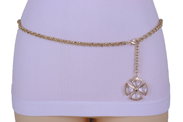 Women Fashion Belt Gold Metal Chain Links Waistband Flower Bling Charm Fits Sizes M L XL