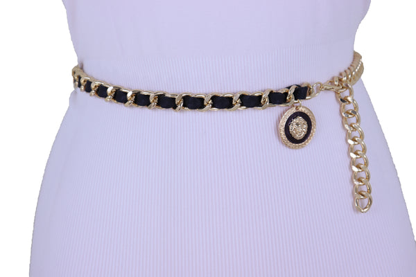 Women Fashion Gold Metal Chain Links Black Sexy Belt Lion Medallion Charm Fit Sizes XS S M
