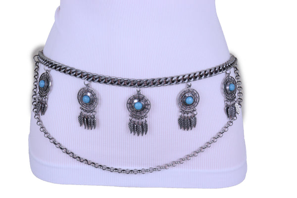 Brand New Women Antique Silver Metal Chain Western Belt Feather Turquoise Charms XS S M
