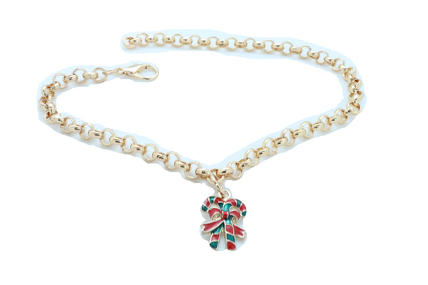 New Women Gold Metal Boot Chain Bracelet Christmas Shoe Candy Cane Charm Jewelry Adjustable Size Band