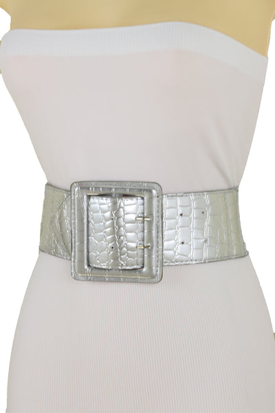 Brand New Women Hip Waist Silver Faux Leather Wide Elastic Belt Big Square Buckle M L XL