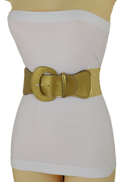 Brand New Women Gold Color Wide Elastic Band Fashion Belt Hip Waist Bling Studs Buckle M L