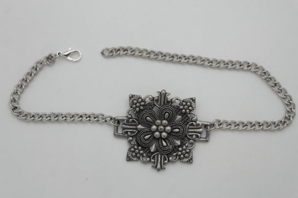 Women Stylish Boot Bracelet Antique Silver Metal Chain Shoe Bling Flower Charm