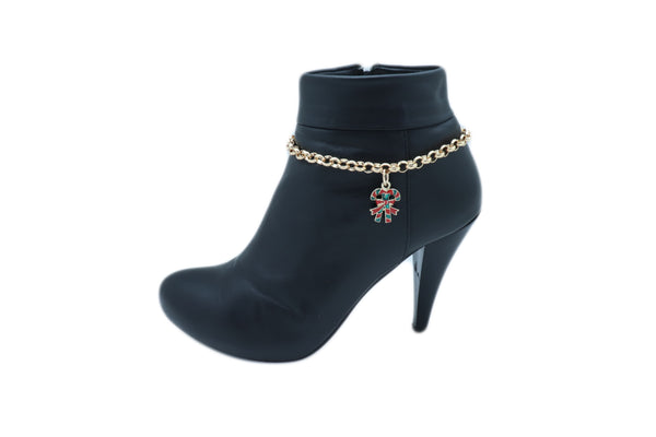 New Women Gold Metal Boot Chain Bracelet Christmas Shoe Candy Cane Charm Jewelry Adjustable Size Band