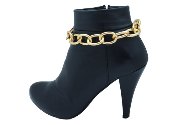 Women Gold Metal Chunky Chain Thick Links Boot Bracelet Shoe Band Anklet Strap Adjustable Size