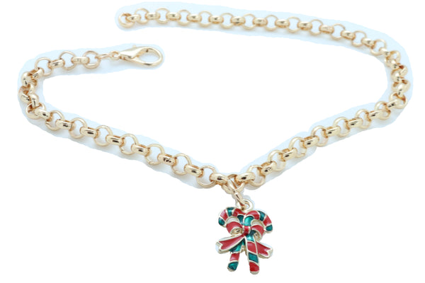 New Women Gold Metal Boot Chain Bracelet Christmas Shoe Candy Cane Charm Jewelry Adjustable Size Band