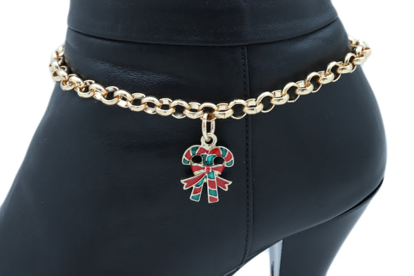 New Women Gold Metal Boot Chain Bracelet Christmas Shoe Candy Cane Charm Jewelry Adjustable Size Band