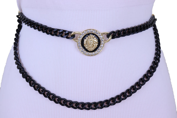 Sexy Look Women Fashion Belt Hip Waist Black Gold Metal Chain Bling Lion Charm Size M L XL