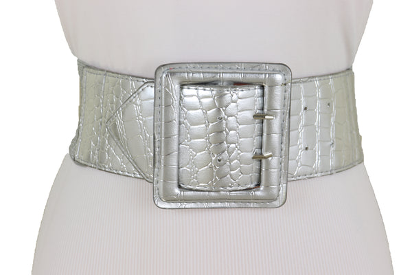 Brand New Women Hip Waist Silver Faux Leather Wide Elastic Belt Big Square Buckle M L XL