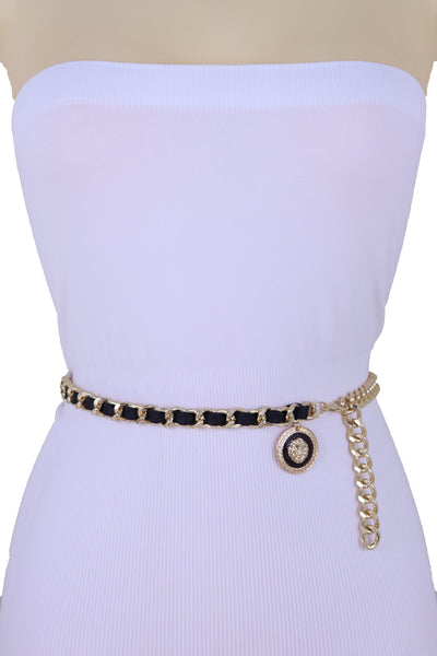 Women Fashion Gold Metal Chain Links Black Sexy Belt Lion Medallion Charm Fit Sizes XS S M