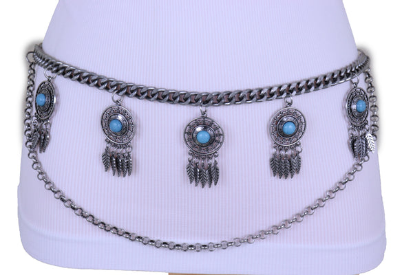 Women Antique Silver Metal Chain Western Belt Feather Turquoise Charms Fits Sizes XS S M