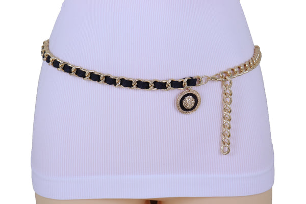 Women Fashion Gold Metal Chain Links Black Sexy Belt Lion Medallion Charm Fit Sizes XS S M