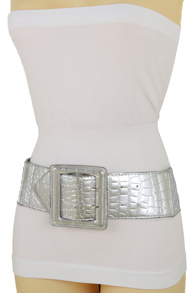 Brand New Women Hip Waist Silver Faux Leather Wide Elastic Belt Big Square Buckle M L XL