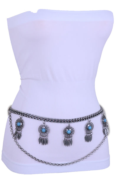 Women Antique Silver Metal Chain Western Belt Feather Turquoise Charms Fits Sizes XS S M