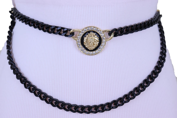 Sexy Look Women Fashion Belt Hip Waist Black Gold Metal Chain Bling Lion Charm Size M L XL