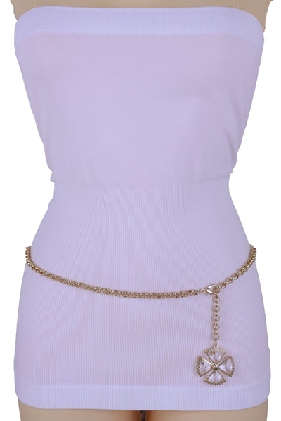 Women Fashion Belt Gold Metal Chain Links Waistband Flower Bling Charm Fits Sizes M L XL
