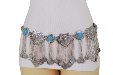 Brand New Women Ethnic Fashion Silver Metal Chain Coin Belt Turquoise Blue Beads Hip S M