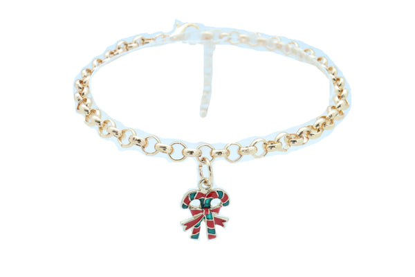 New Women Gold Metal Boot Chain Bracelet Christmas Shoe Candy Cane Charm Jewelry Adjustable Size Band