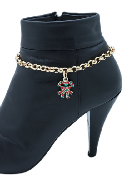 New Women Gold Metal Boot Chain Bracelet Christmas Shoe Candy Cane Charm Jewelry Adjustable Size Band