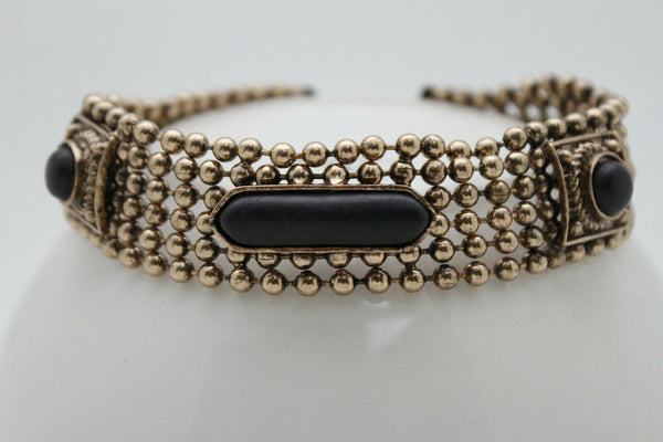 Antique Gold Metal Choker Necklace Black Beads + Earrings New Women Fashion Accessories Jewelry