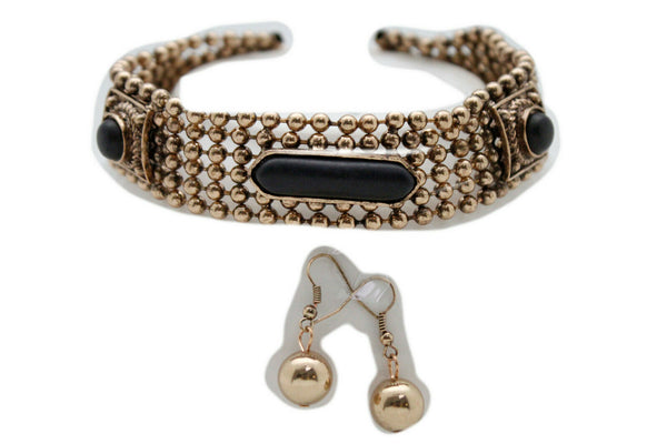Antique Gold Metal Choker Necklace Black Beads + Earrings New Women Fashion Accessories Jewelry