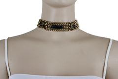 Antique Gold Metal Choker Necklace Black Beads + Earrings