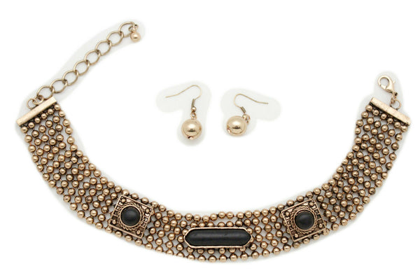 Antique Gold Metal Choker Necklace Black Beads + Earrings New Women Fashion Accessories Jewelry