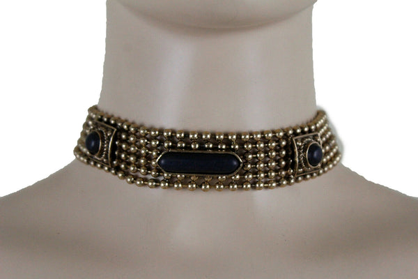Antique Gold Metal Choker Necklace Black Beads + Earrings New Women Fashion Accessories Jewelry